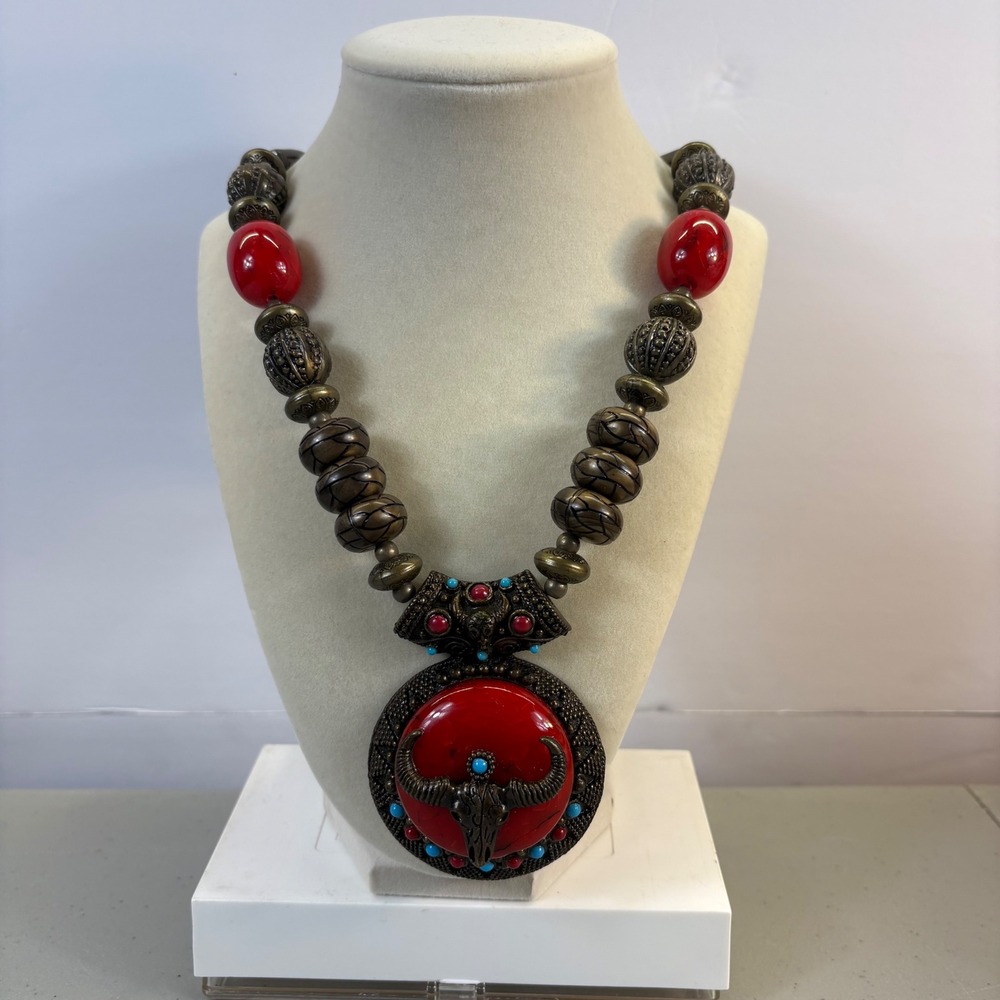 Southwestern Bull Skull Statement Necklace Chunky bronze Boho Beaded 27"